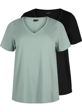 2er-Pack T-Shirts mit V-Ausschnitt, Chinois Green/Black, Packshot image number 0