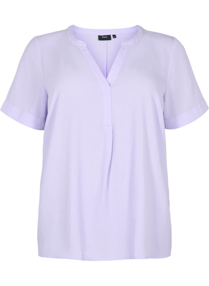 Kurzärmelige Bluse mit V-Ausschnitt, Lavender, Packshot image number 0