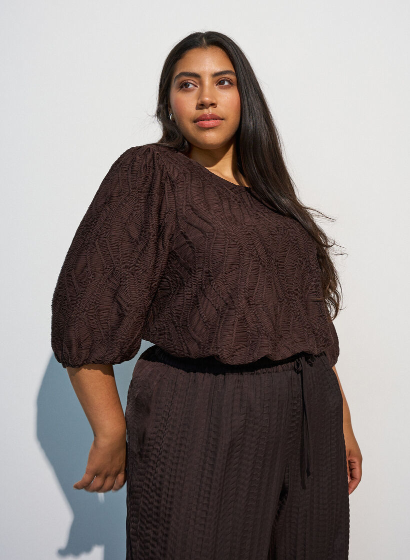 Bluse mit Struktur und 3/4-&Auml;rmeln, Braun, Model image number 0