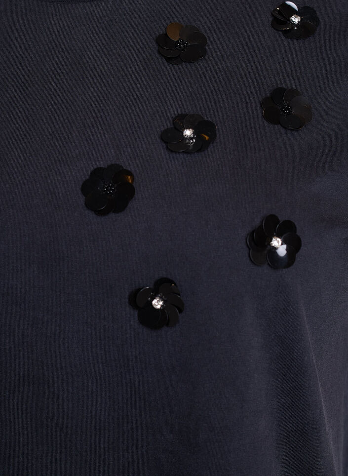 Gewaschenes T-Shirt mit Paillettenblüten, Grau, Packshot image number 2