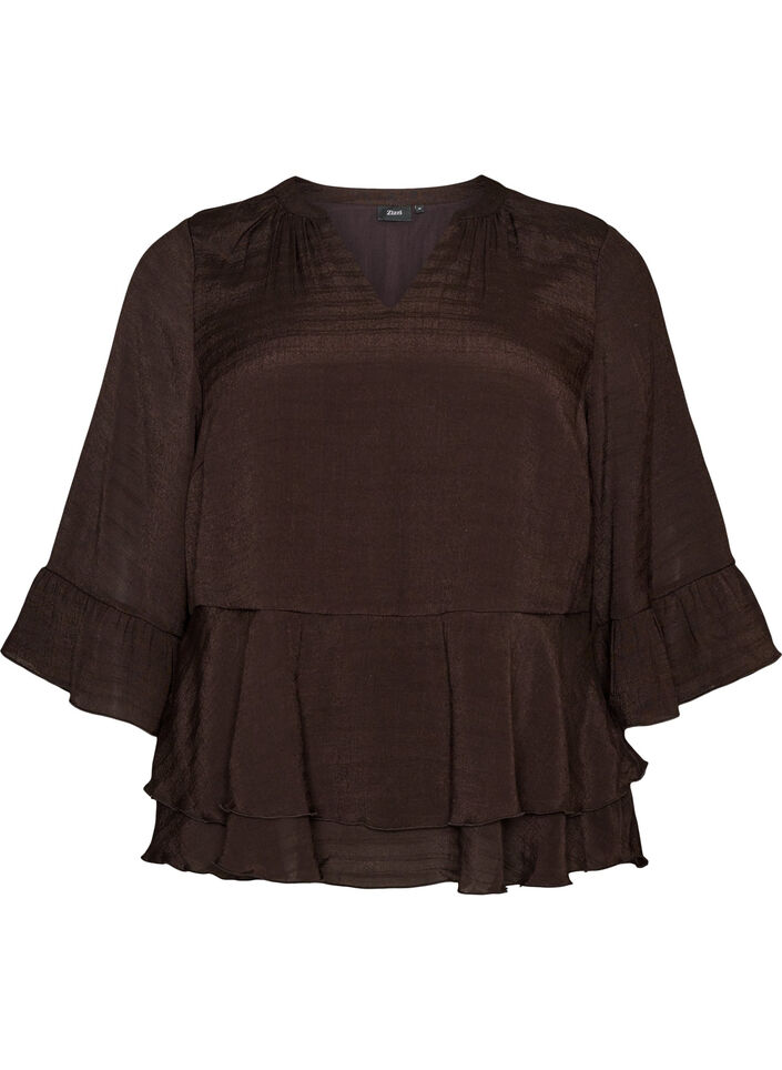 Bluse mit 3/4-&Auml;rmeln und R&uuml;schendetails, Braun, Packshot image number 0