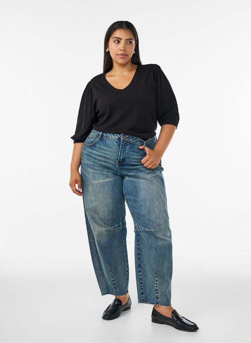 Kurz&auml;rmelige Bluse aus Strick mit Pointelle-Muster, Schwarz, Model image number 1