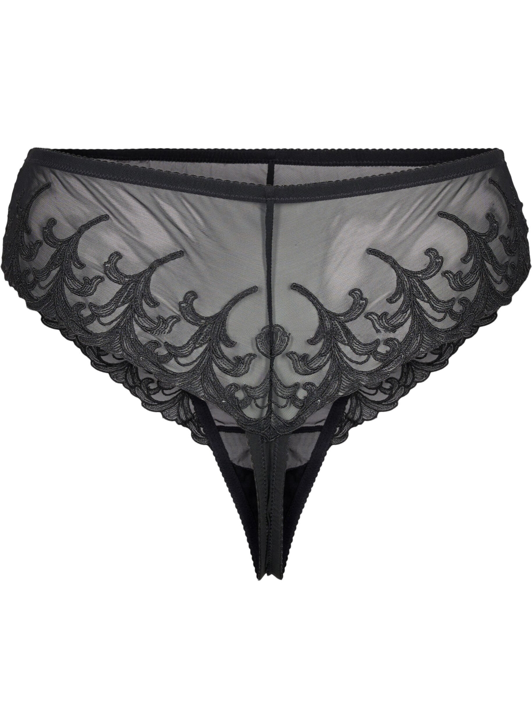 Zizzi Mesh-Tanga mit Stickereidetails, Schwarz, Packshot image number 1