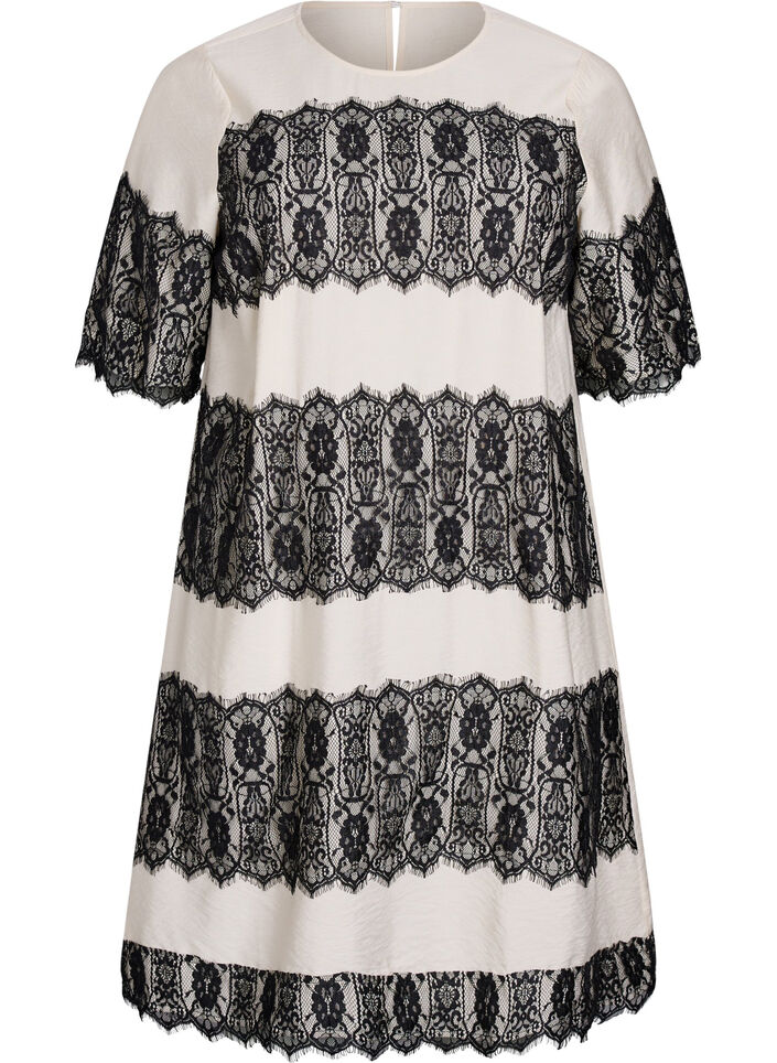 Kurzes Kleid mit kontrastfarbenen Spitzeneins&auml;tzen, Beige, Packshot image number 0