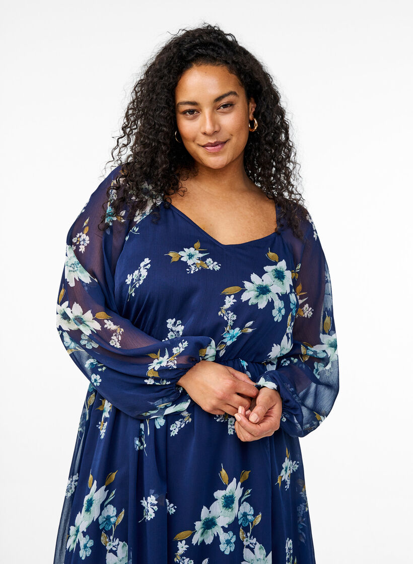 Partykleid aus Chiffon mit langen &Auml;rmeln, Blau, Model image number 3