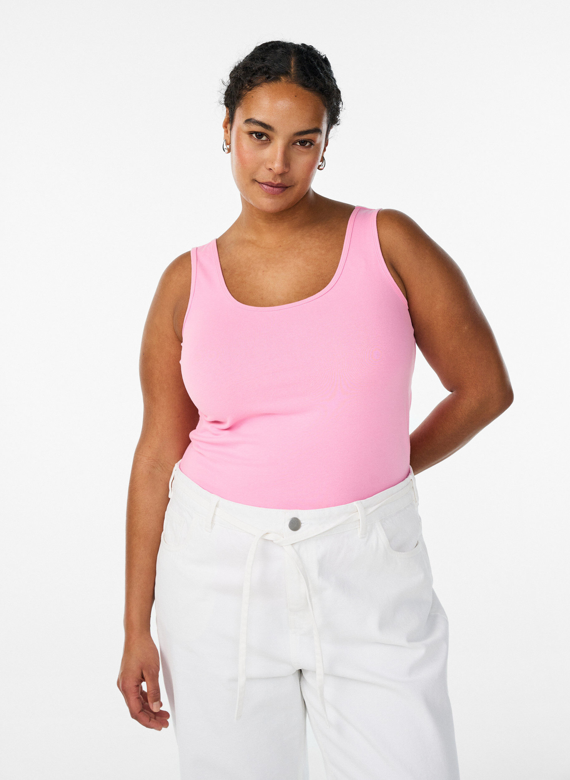 Einfarbiges Basic Top aus Baumwolle, Pink, Model
