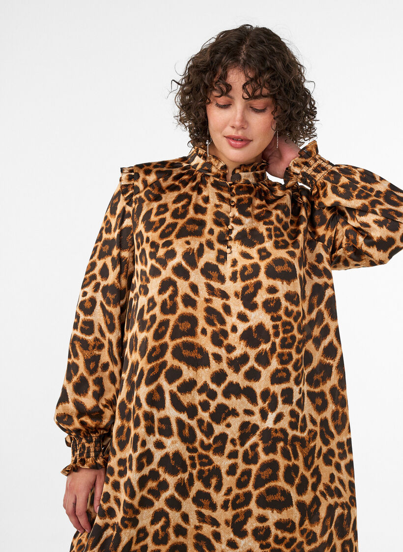 Kleid mit Leopardenmuster und R&uuml;schendetails, Braun, Model image number 2