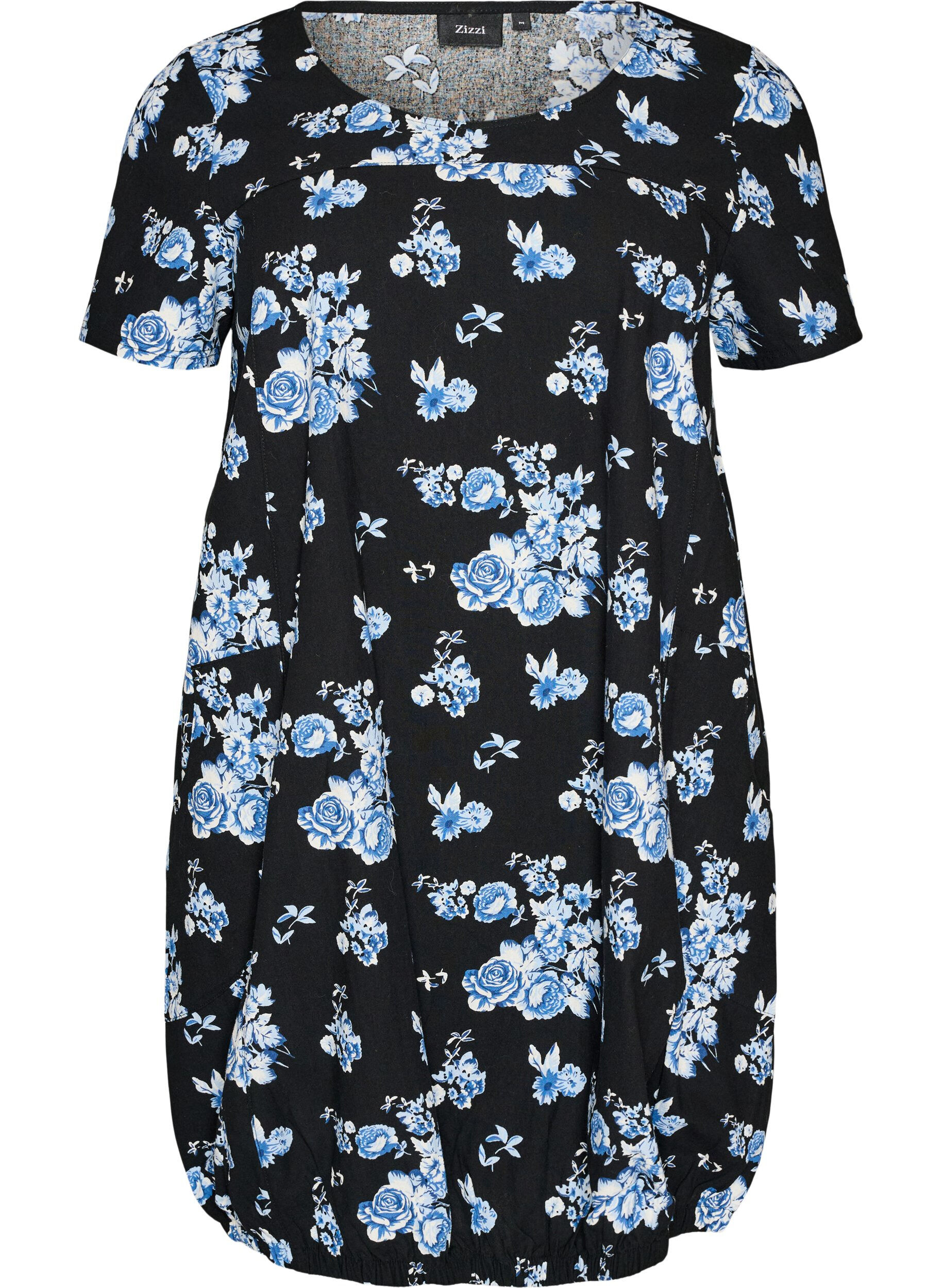 Zizzi Kurz&auml;rmliges Baumwollkleid mit Aufdruck, Schwarz, Packshot image number 0