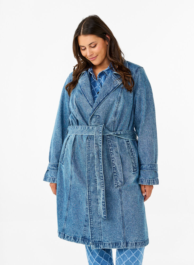Denim-Trenchcoat mit Gürtel, Blue Denim, Model image number 2