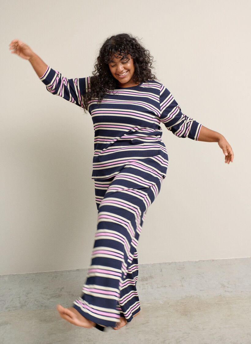 Lang&auml;rmeliges Nachtoberteil aus geripptem Jersey mit Streifen, Blau, Image image number 0