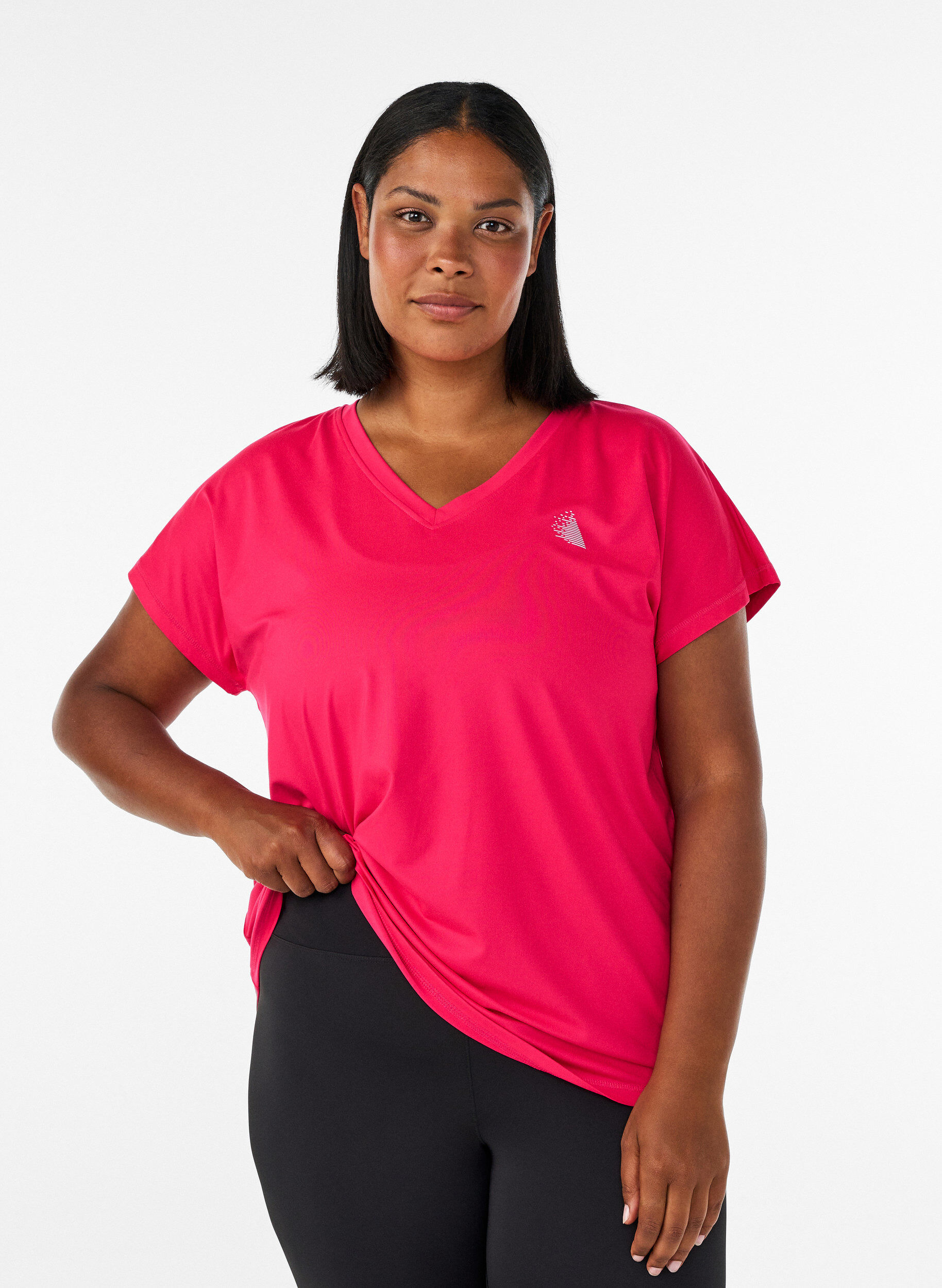 Lockeres Trainings-T-Shirt mit V-Ausschnitt, Pink, Model