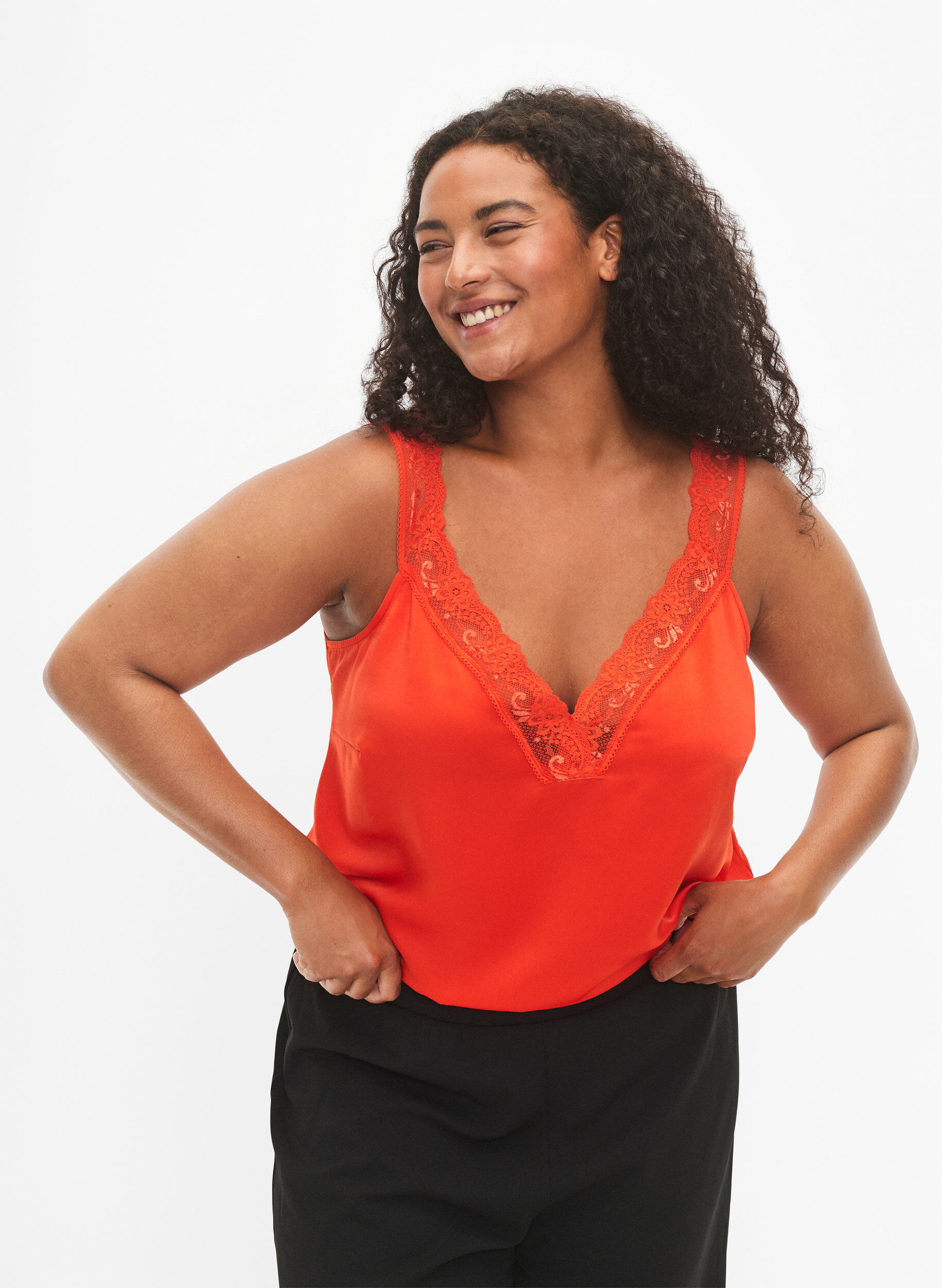 Zizzi FLASH &ndash; Top mit V-Ausschnitt und Spitzenkante, Orange.com, Model image number 0