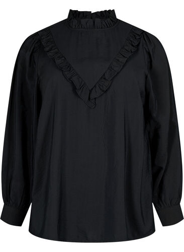 Viskose-Bluse mit Rüschen, Black, Packshot image number 0
