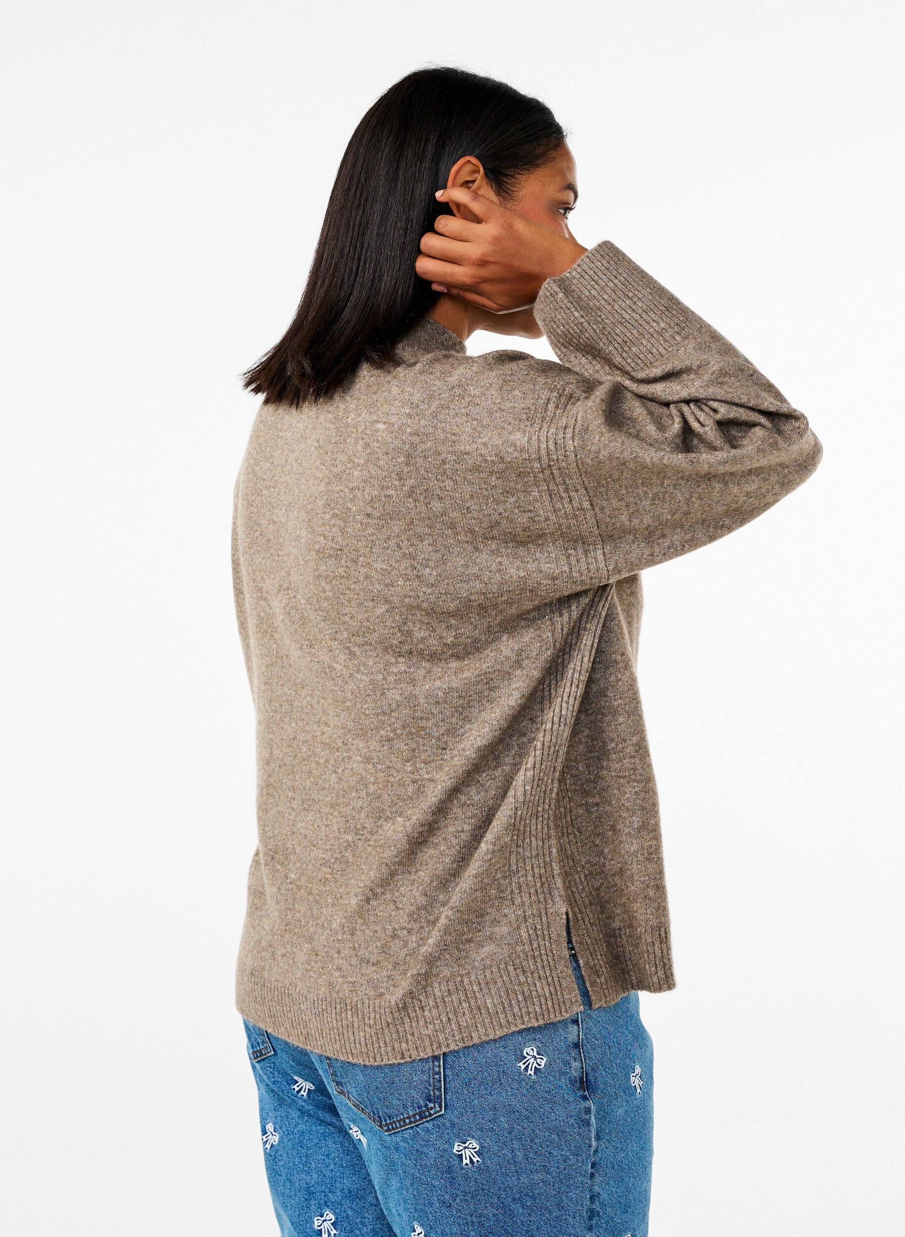 Zizzi Strickpullover mit gerippten Abschl&uuml;ssen, Walnut Mel., Model image number 1