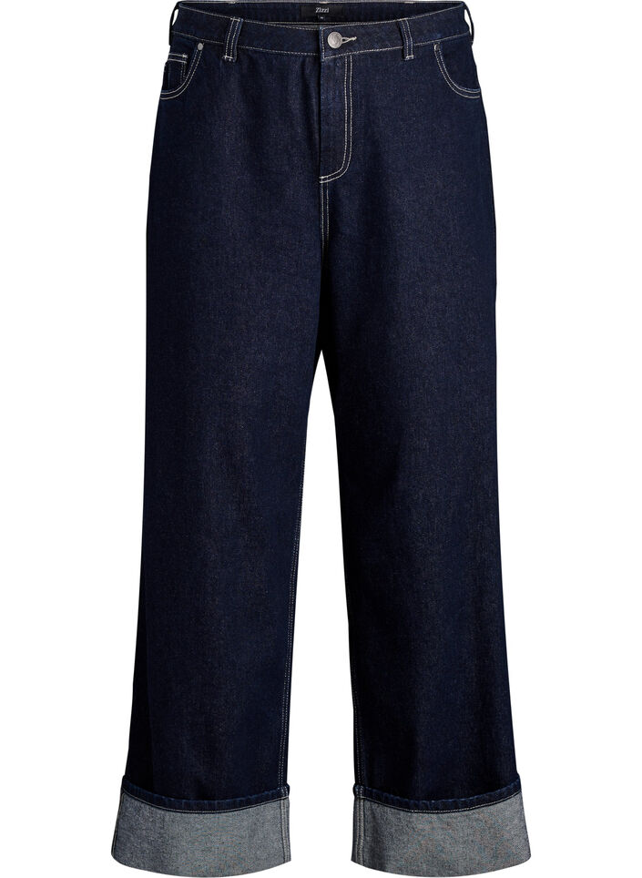 Jeans in weiter Passform mit breitem Umschlag und Kontrastn&auml;hten, Blau, Packshot image number 0