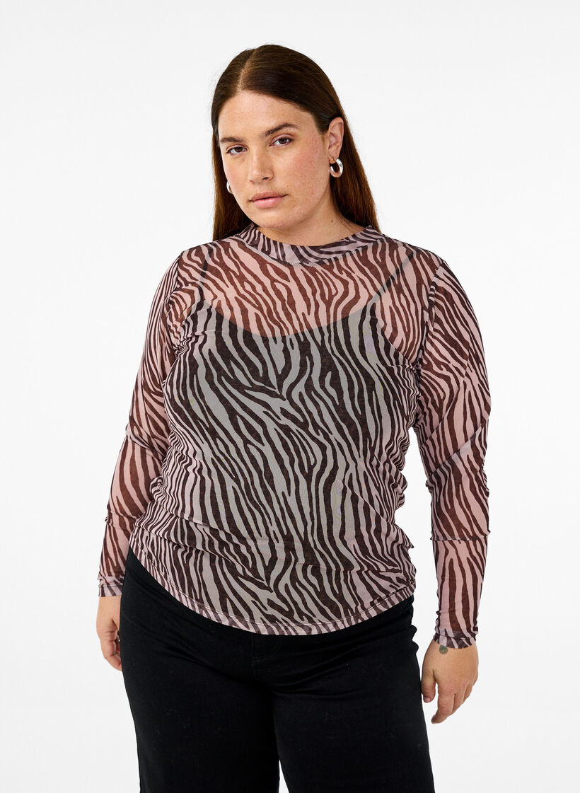 Mesh-Top mit Zebraprint, Schwarz, Model image number 0