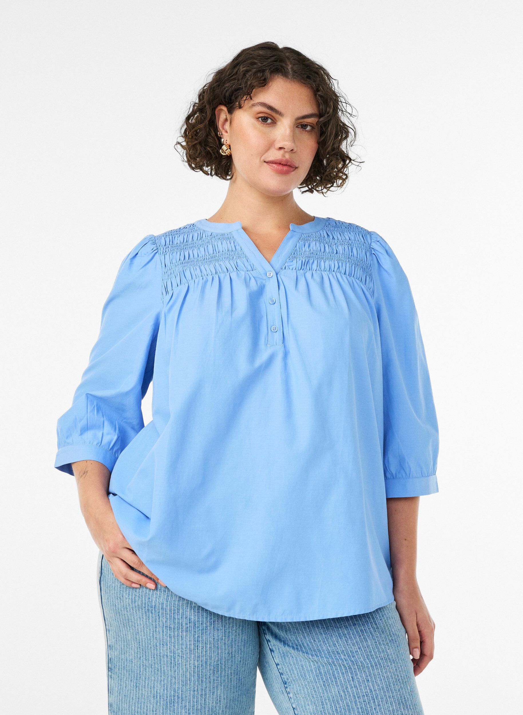 Bluse mit Smock und 3/4-&Auml;rmeln, Blau, Model