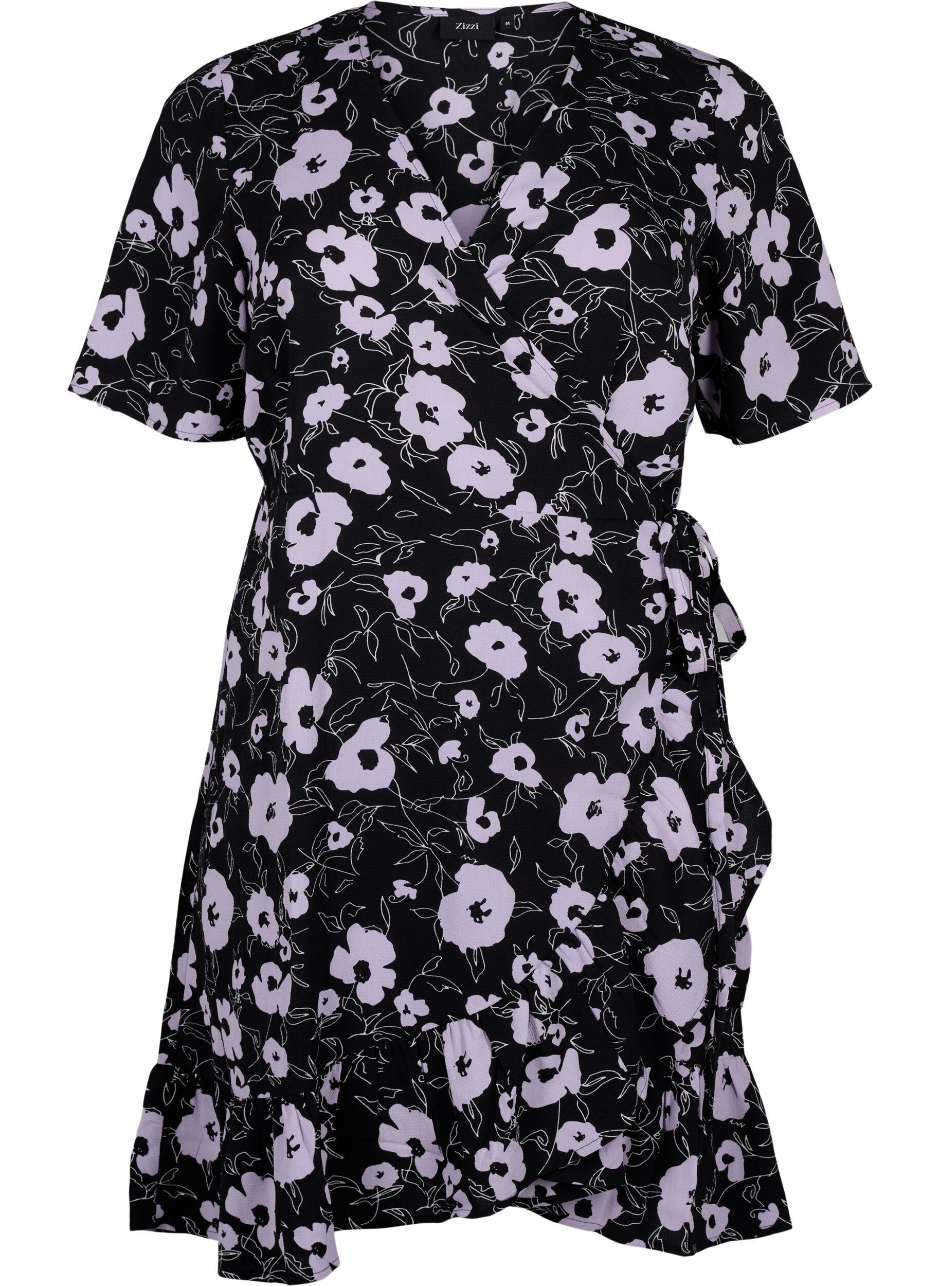 Zizzi Blumiges Wickelkleid mit kurzen &Auml;rmeln, Schwarz, Packshot image number 0