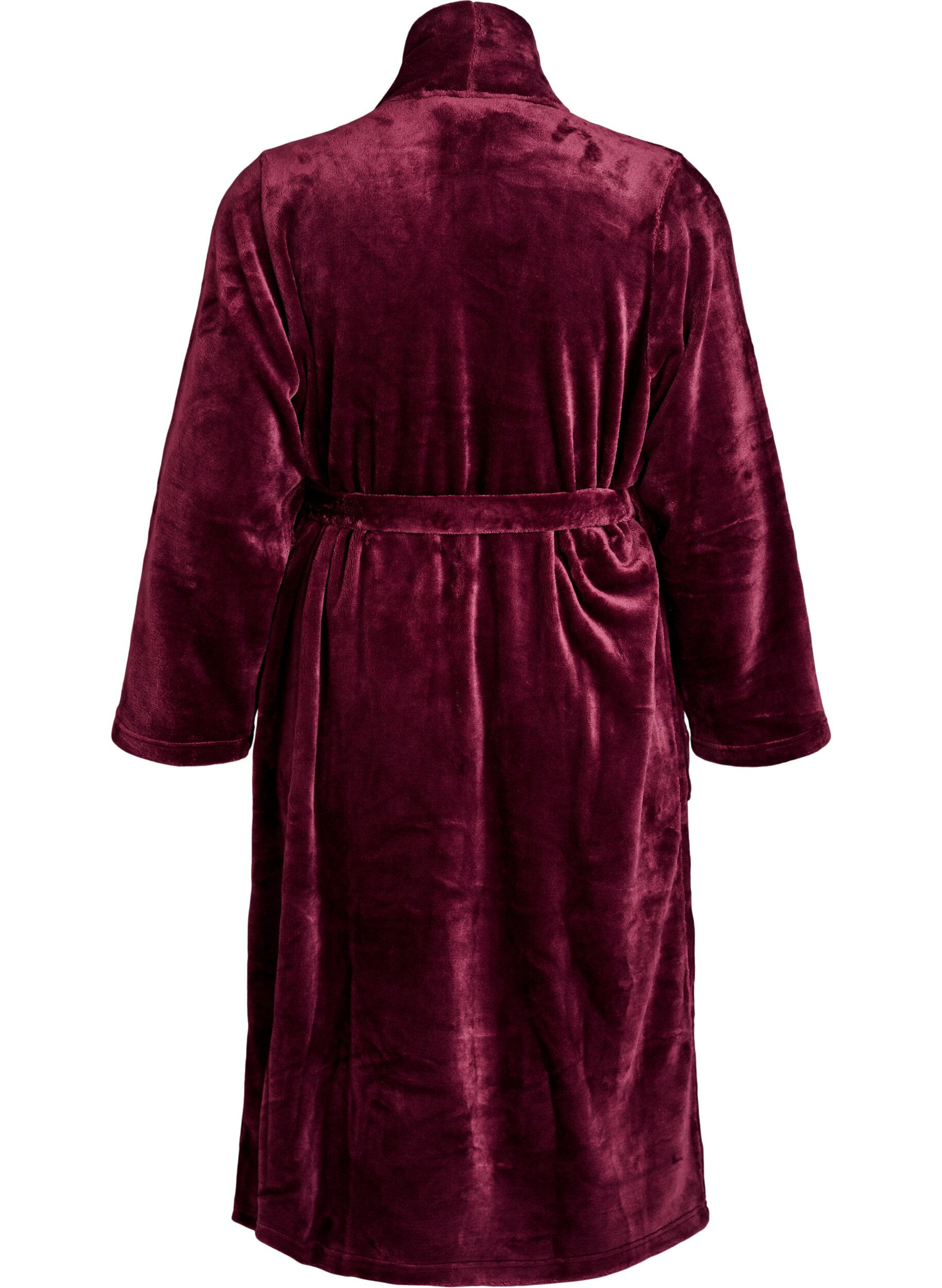 ZizziMorgenmantel aus weichem Velours mit Taschen, Dunkles Bordeaux, Packshot image number 1