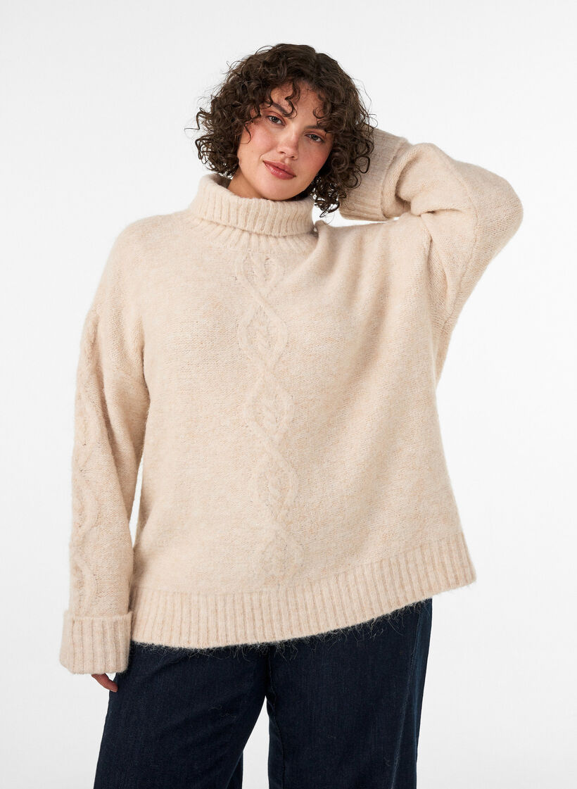 Pullover mit Rollkragen und Zopfmuster, Vanille, Model image number 0