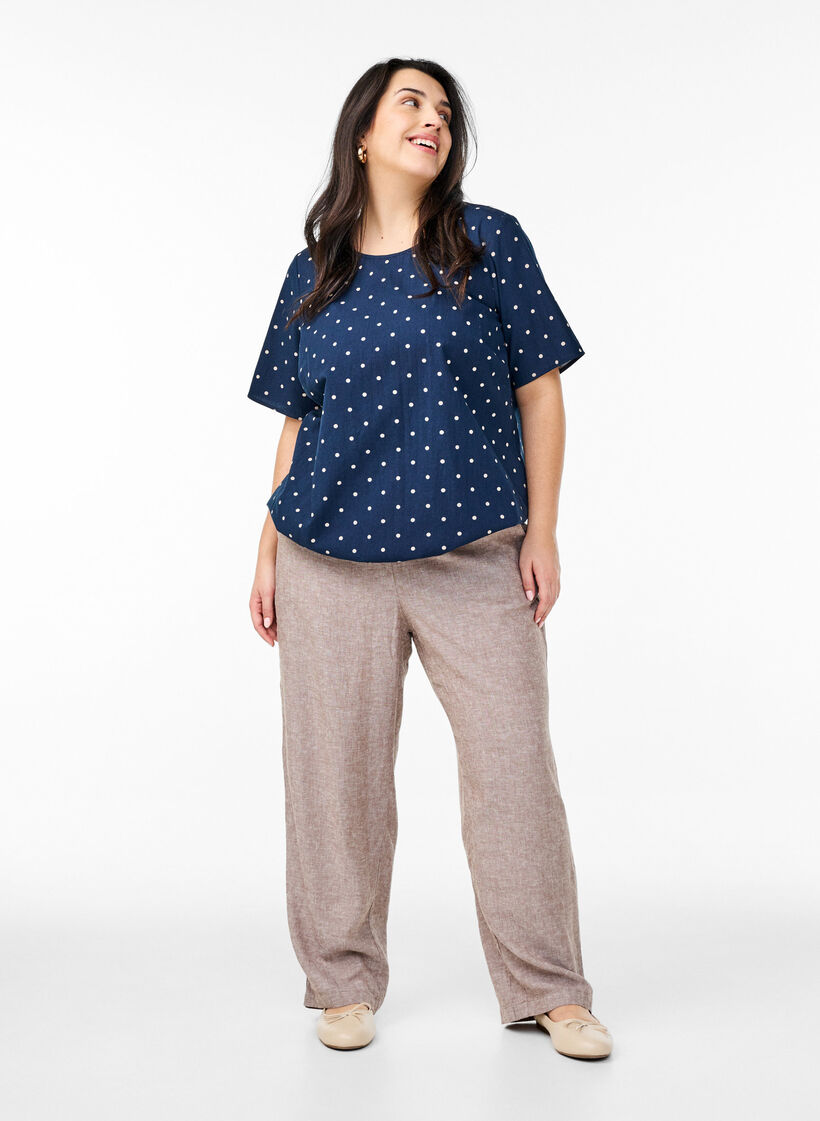 Baumwoll-Bluse mit Print und kurzen Ärmeln, Blau, Model image number 1