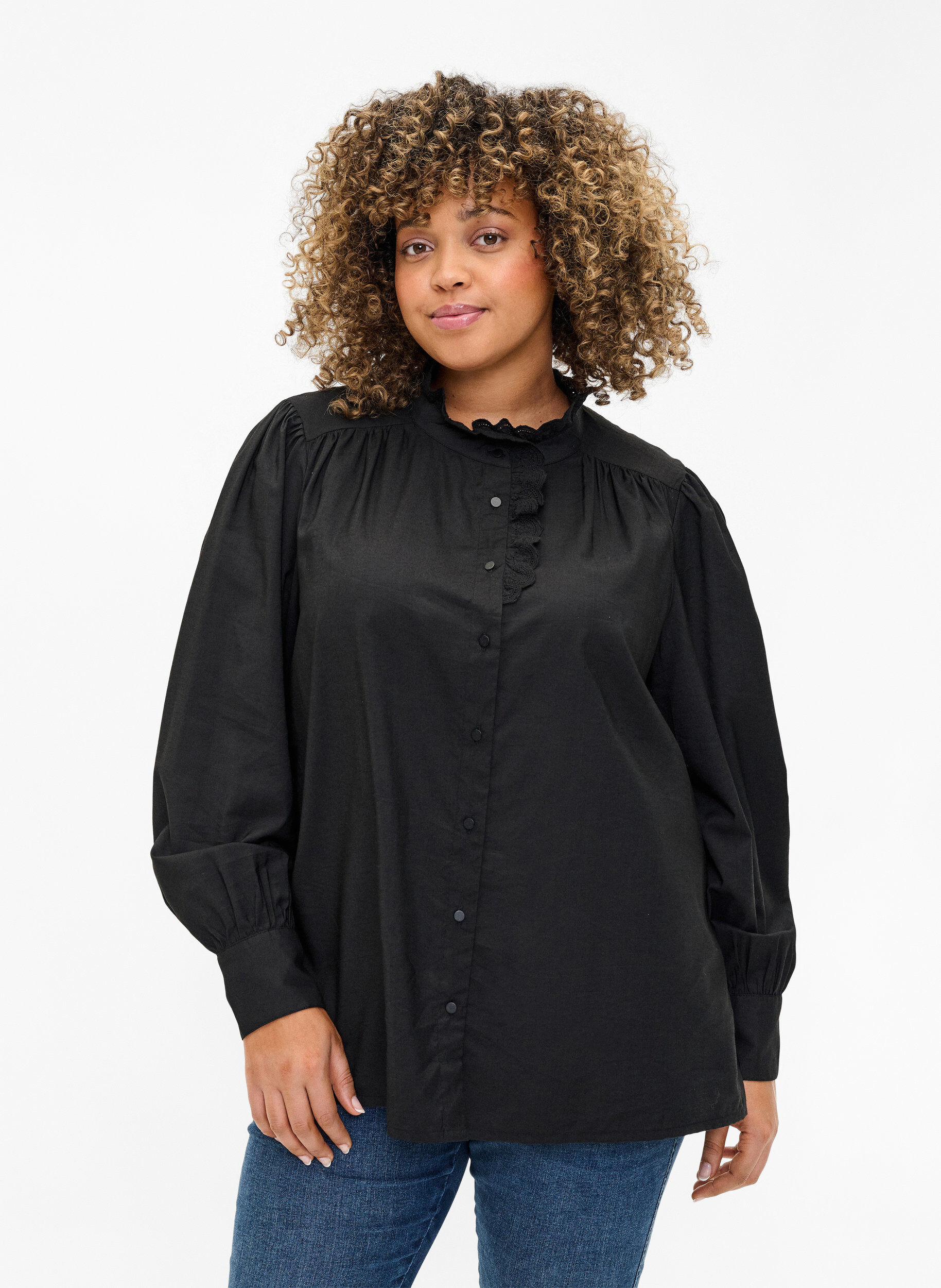 Zizzi Viskose Shirt Bluse mit Ruffles, Black, Model image number 0