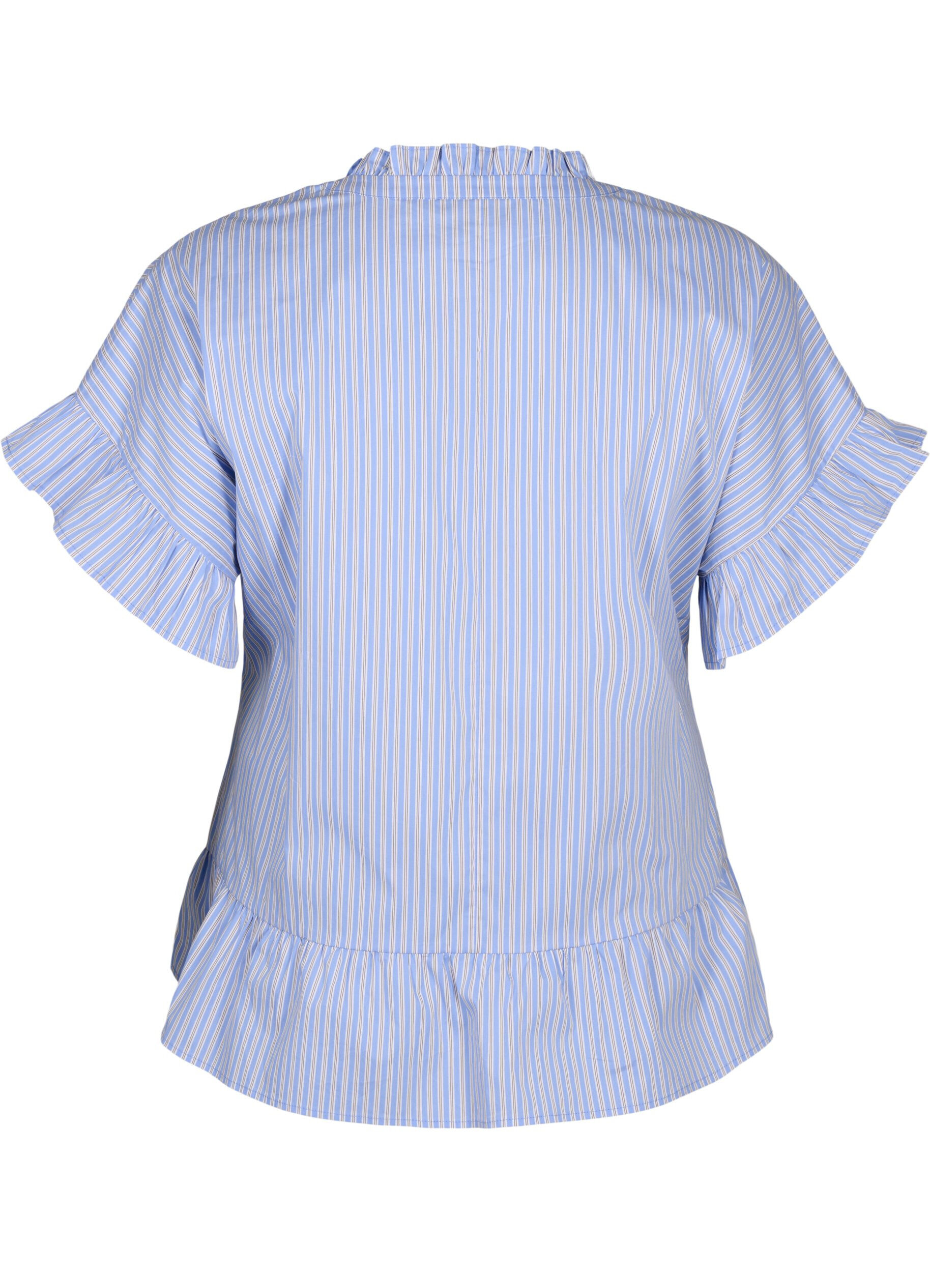 Zizzi Gestreifte Bluse mit Sch&ouml;&szlig;chen- und R&uuml;schendetails, Blue Stripe, Packshot image number 1