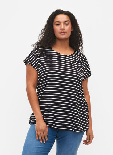 T-Shirt aus Baumwolle mit Streifen, Black W. Stripe, Model image number 0
