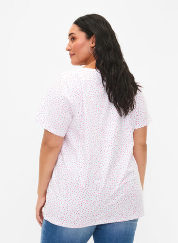 Baumwoll-T-Shirt mit Punkten und V-Ausschnitt, B.White/S. Pink Dot, Model image number 1