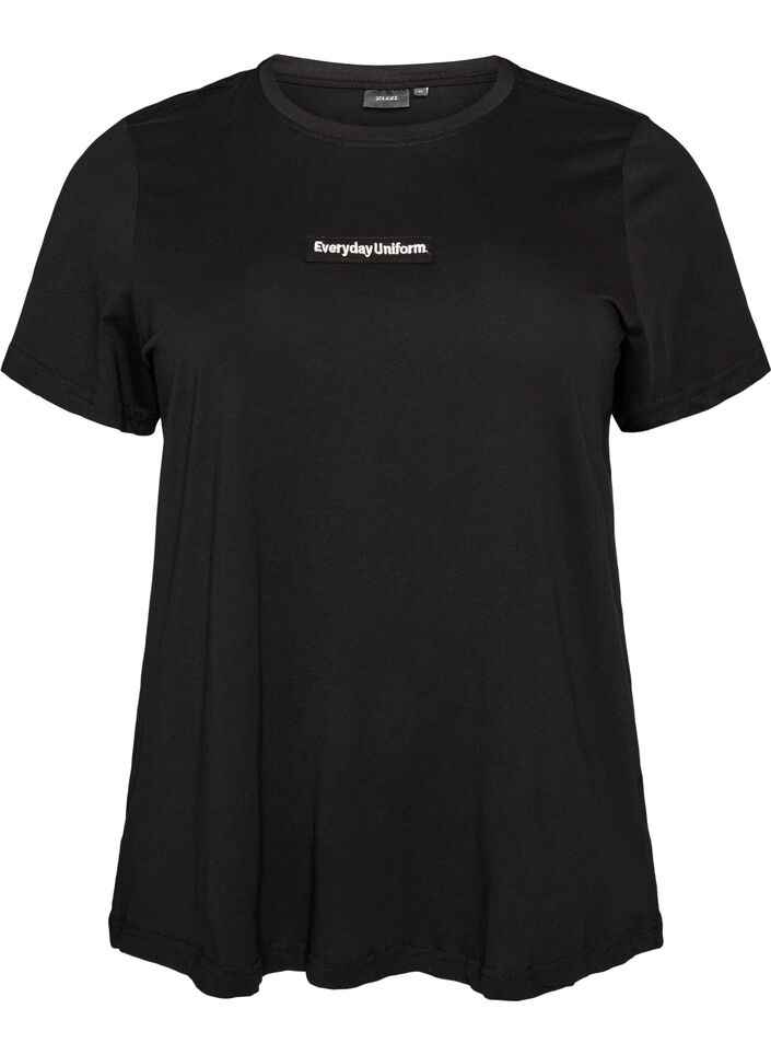 T-Shirt aus Baumwolle mit Text-Badge, Schwarz, Packshot image number 0