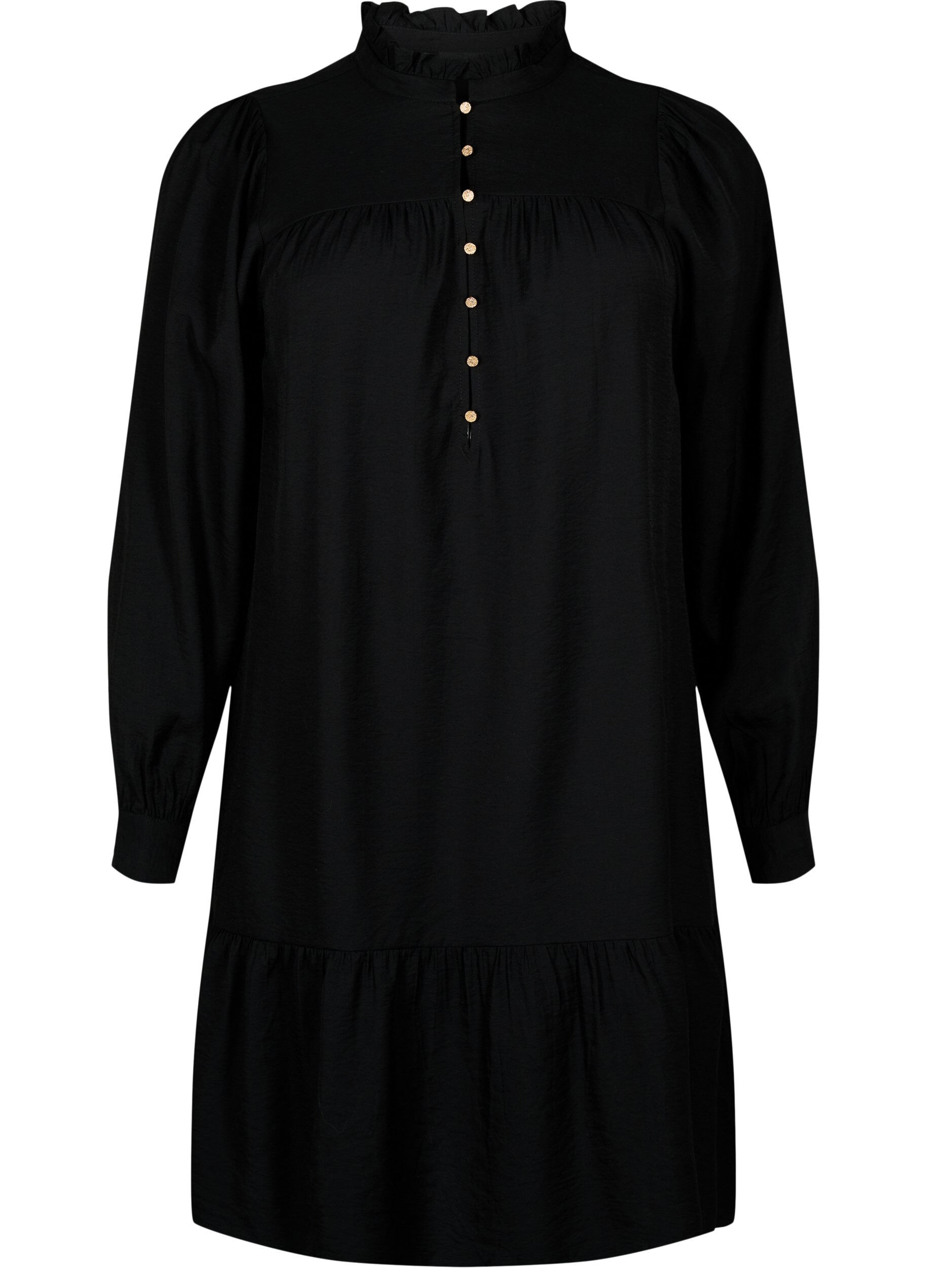 Zizzi Kurzes Kleid mit R&uuml;schenkragen, Black, Packshot image number 0