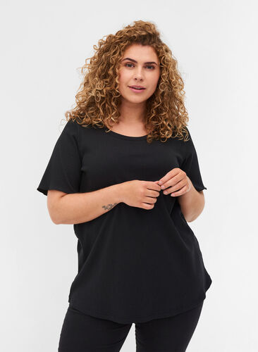 Kurzarm T-Shirt aus Rippqualität, Black, Model image number 0
