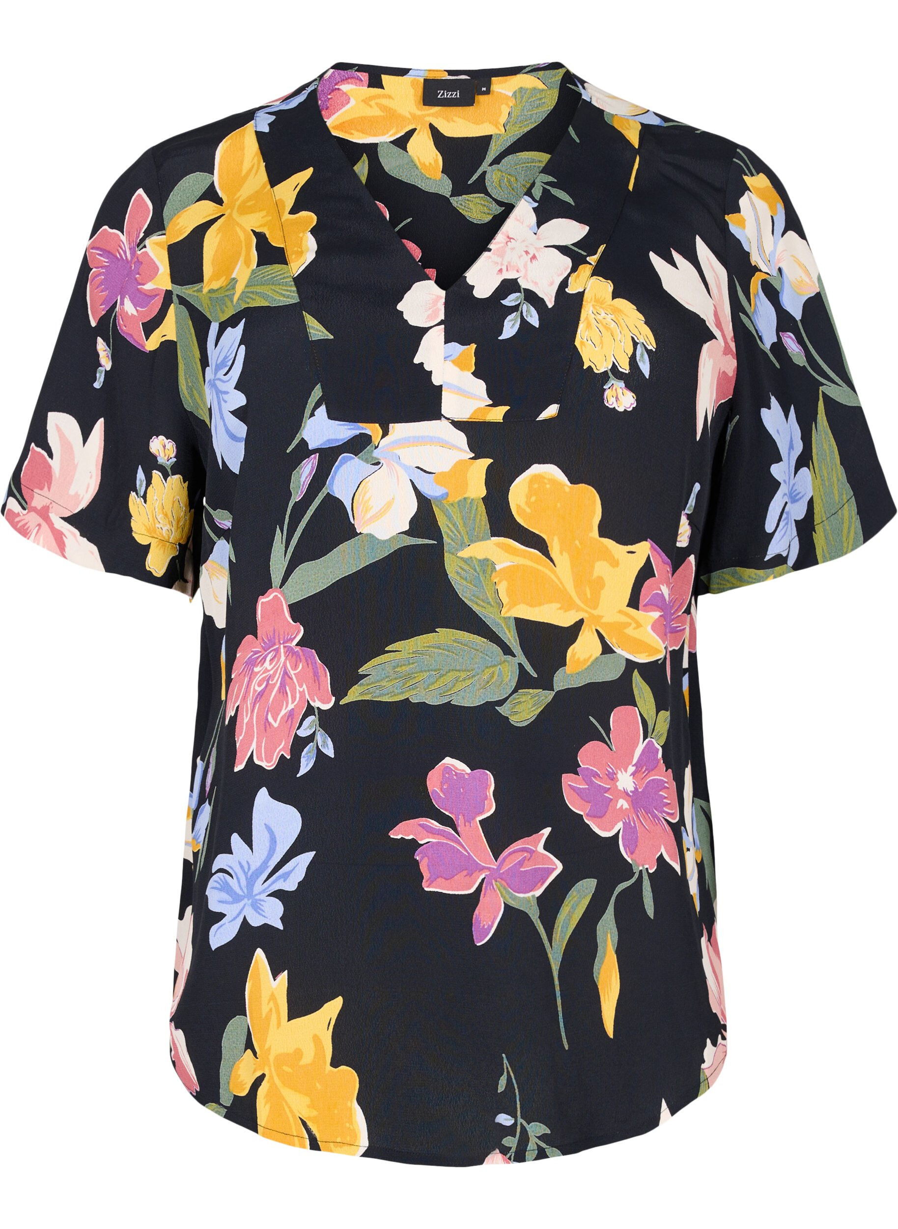 Zizzi Kurz&auml;rmelige Bluse aus gebl&uuml;mter Viskose, Big Flower AOP, Packshot image number 0