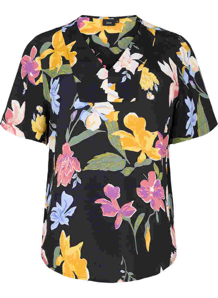 Kurzärmelige Bluse aus geblümter Viskose, Big Flower AOP, Packshot image number 0