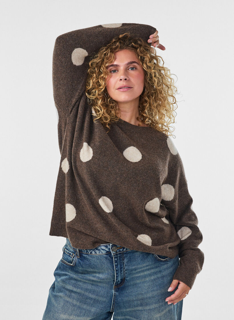 Strickbluse mit gepunktetem Muster, Braun, Model image number 0