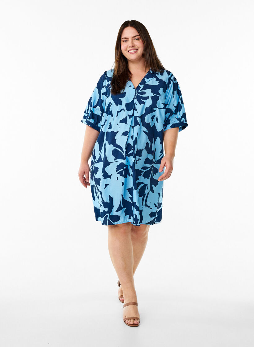 Kleid in Knielänge mit Print und V-Ausschnitt, Blau, Model image number 1