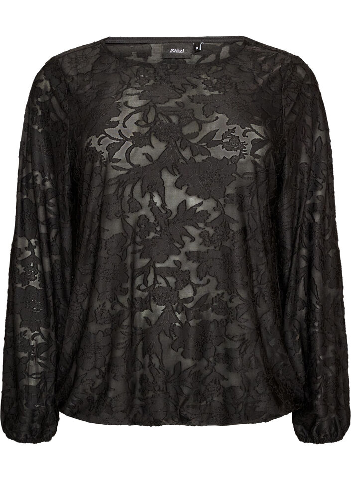 Transparente Bluse mit floraler Struktur und langen &Auml;rmeln, Schwarz, Packshot image number 0