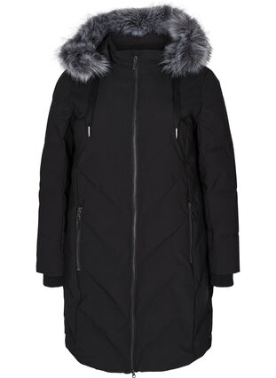 Winterjacke mit abnehmbarer Kapuze und großem imitiertem Pelzkragen, Black, Packshot image number 0