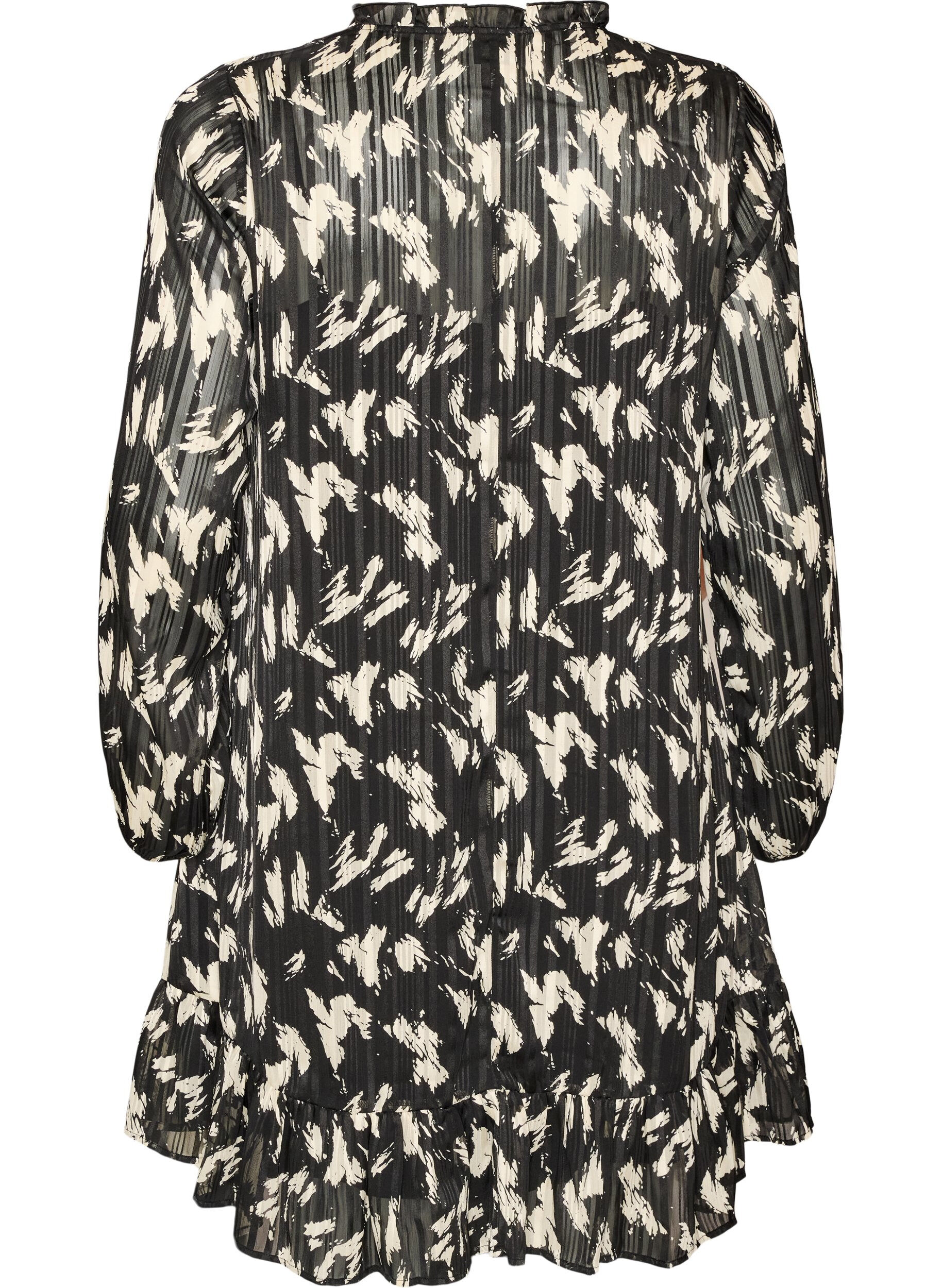 ZizziGemustertes Kleid mit R&uuml;schen und langen &Auml;rmeln, Schwarz, Packshot image number 1