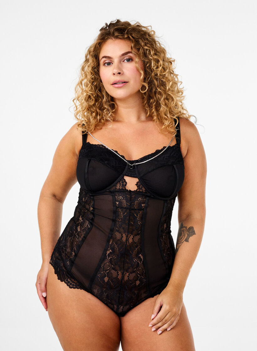 Body mit Mesh, Spitze und abnehmbarer Kette, Black, Model image number 0