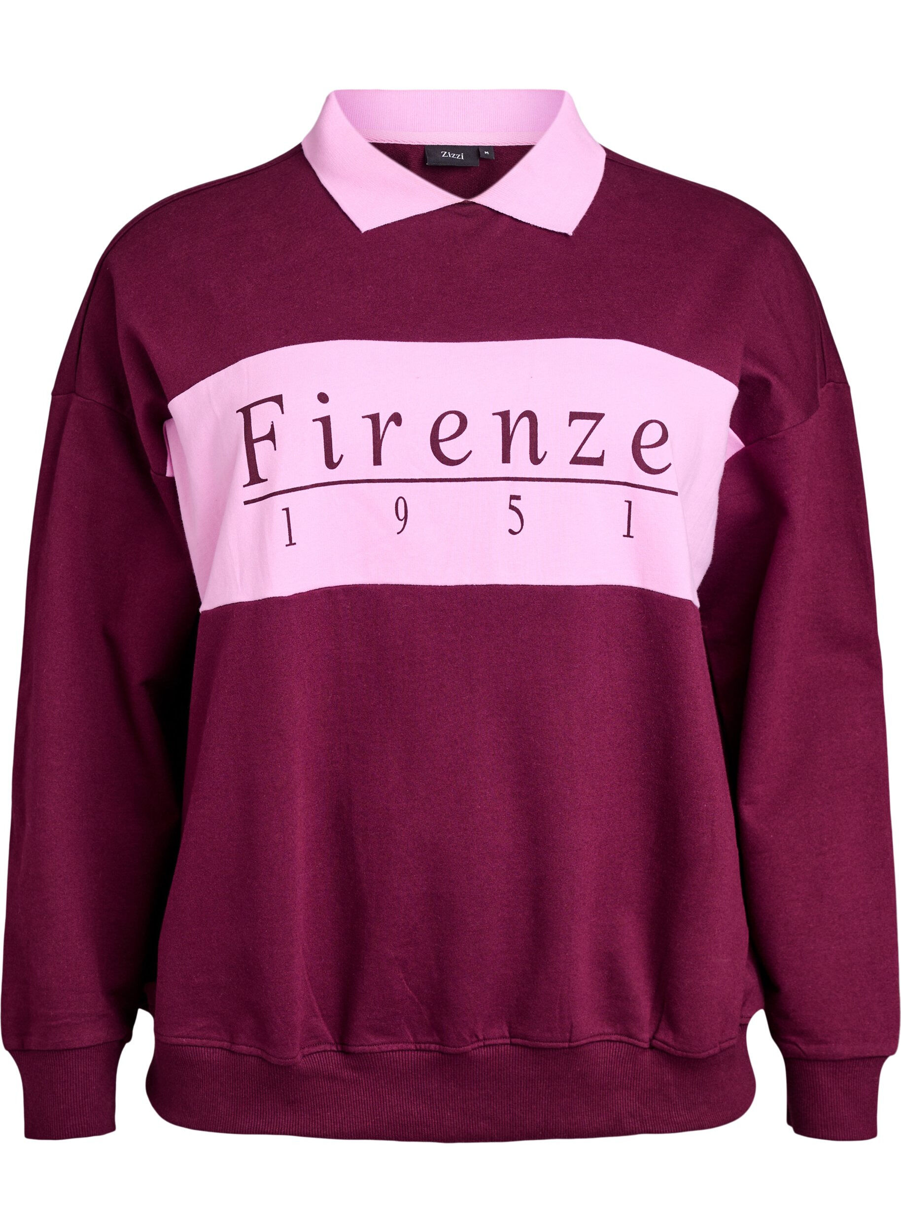 Zizzi Sweatshirt aus Bio-Baumwolle mit Kragen und Kontrastprint, Dunkles Bordeaux, Packshot image number 0