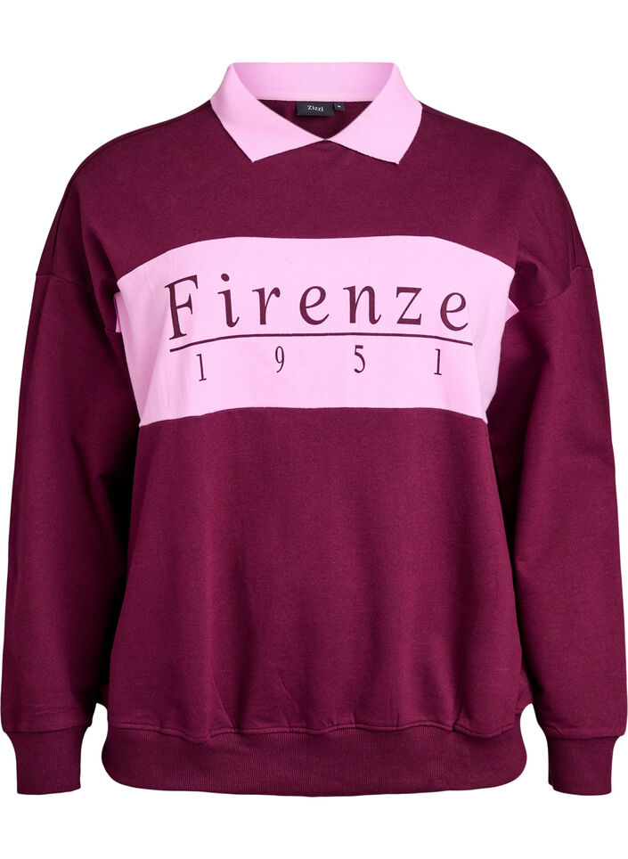 Sweatshirt aus Bio-Baumwolle mit Kragen und Kontrastprint, Dunkles Bordeaux, Packshot image number 0