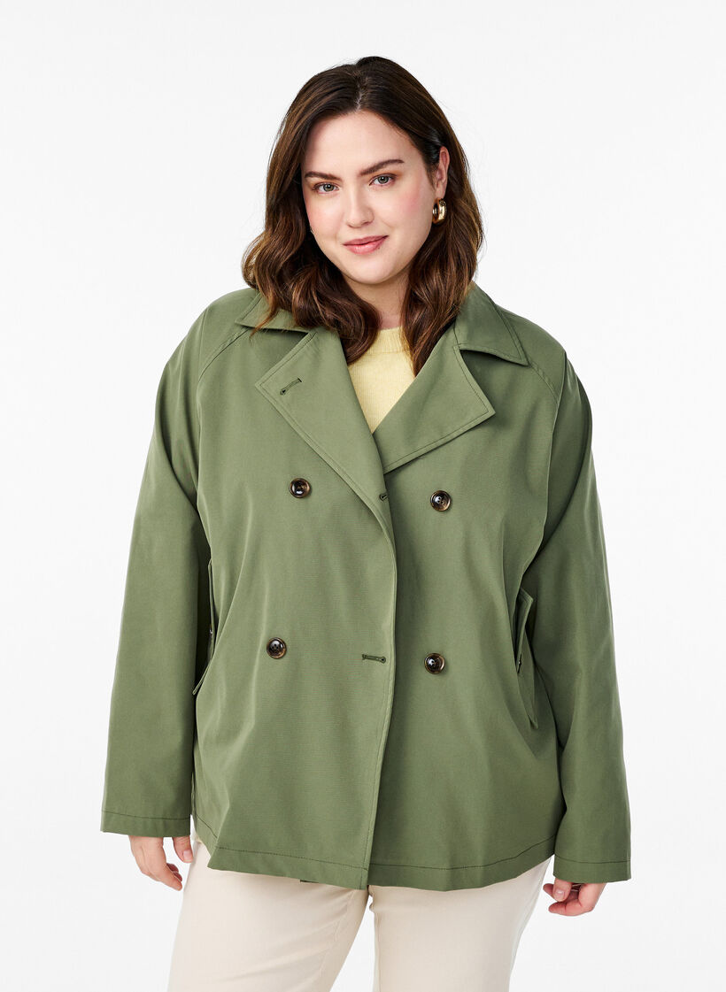Kurzer Trenchcoat mit Taschen, Grün, Model image number 0