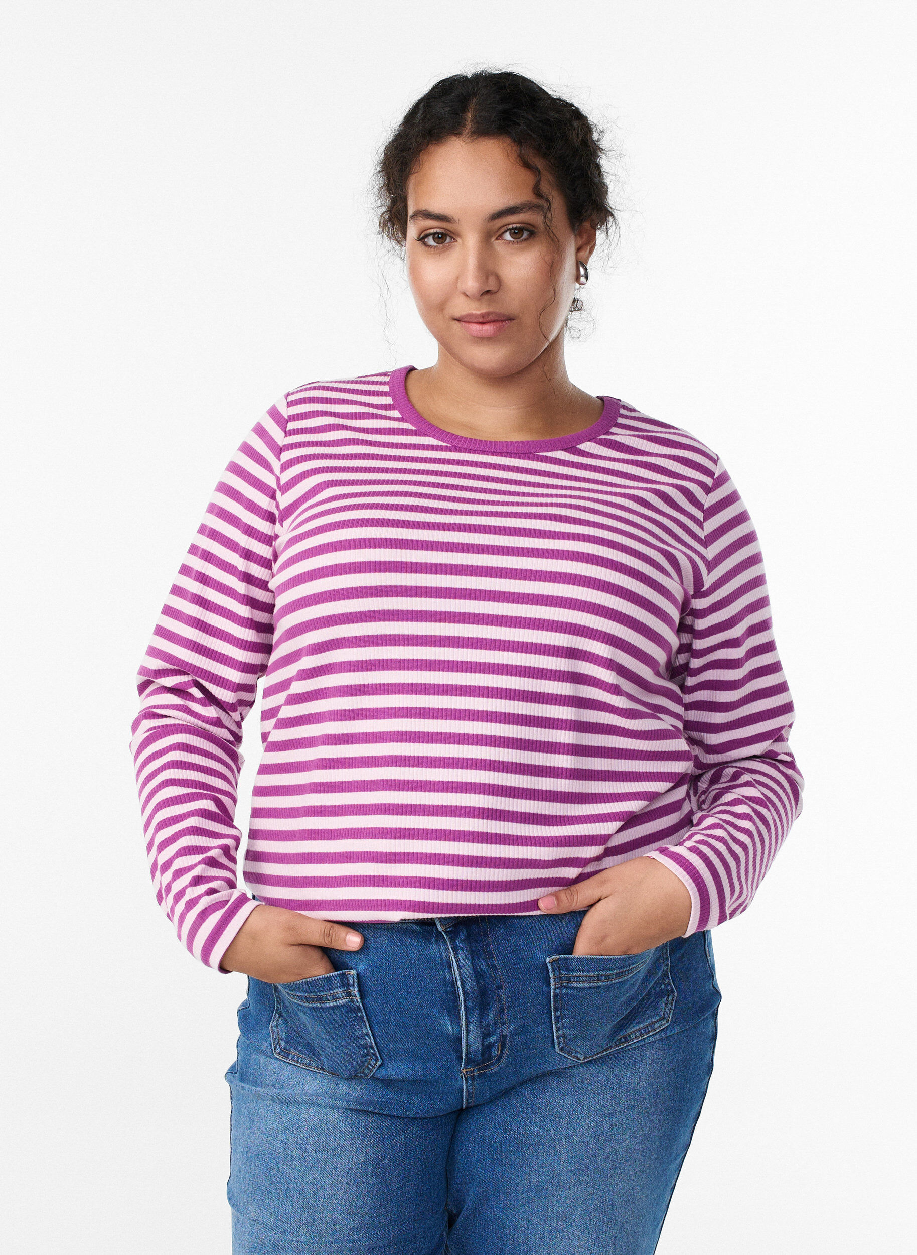 ZizziGestreifte Bluse mit langen &Auml;rmeln, Lila, Model image number 0