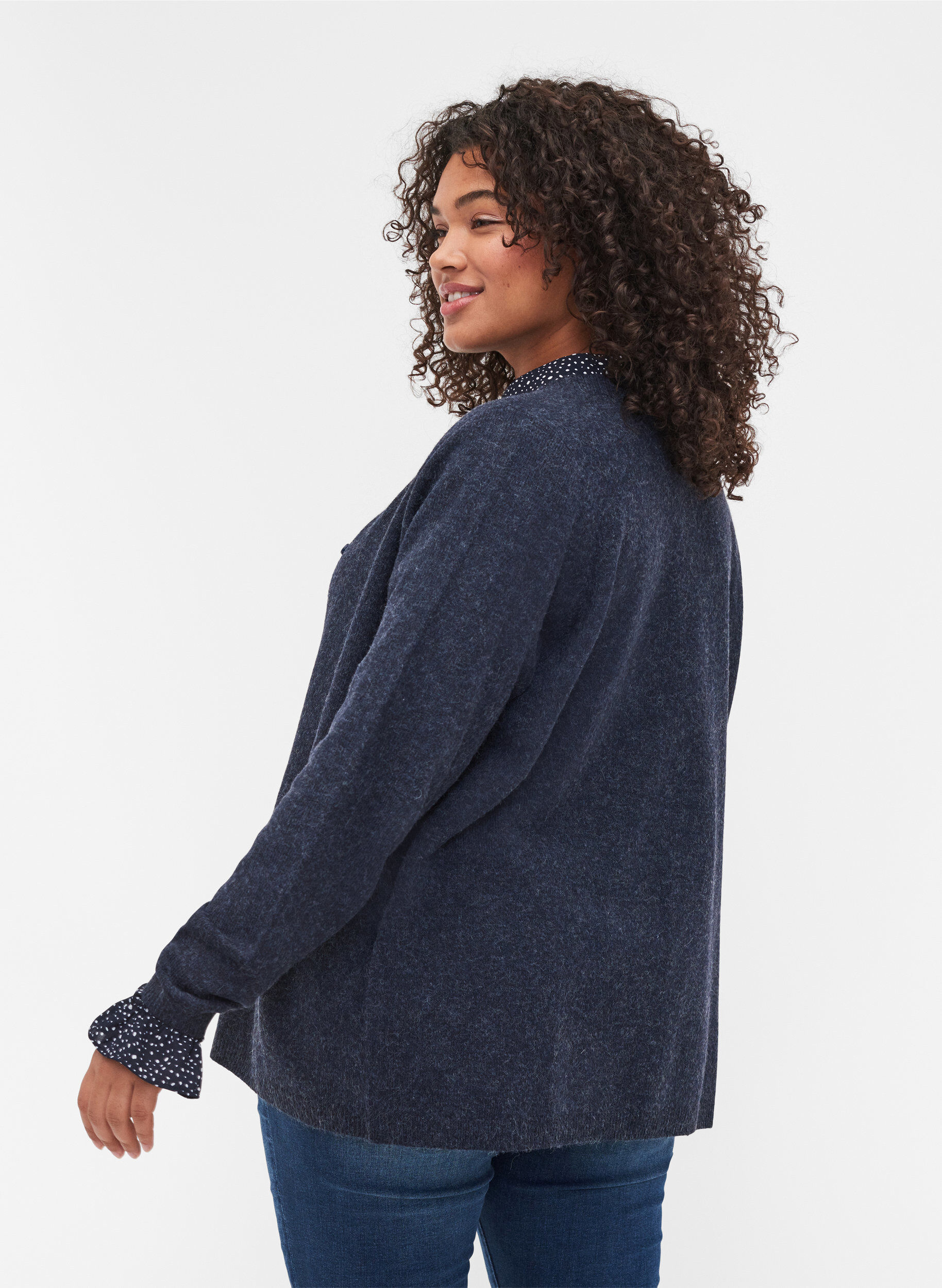 Zizzi Kurzer melierter Strickcardigan mit Knopfverschluss, Night Sky Mel., Model image number 1
