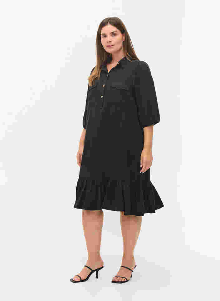 Kleid mit Rüschenbesatz und 3/4-Ärmeln, Black, Model image number 2