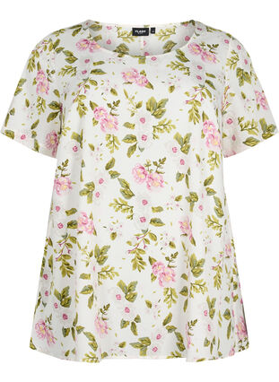 FLASH – Kurzärmelige Bluse mit Print, Off White Flower, Packshot image number 0