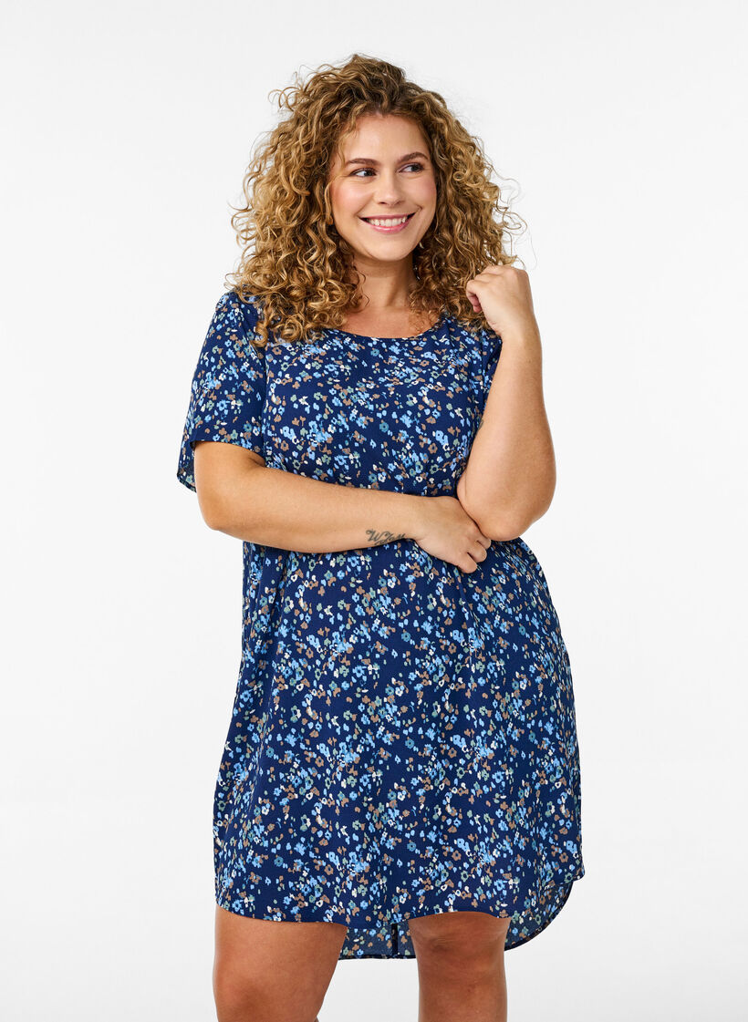 Kleid mit Aufdruck und kurzen &Auml;rmeln, Blau, Model image number 0