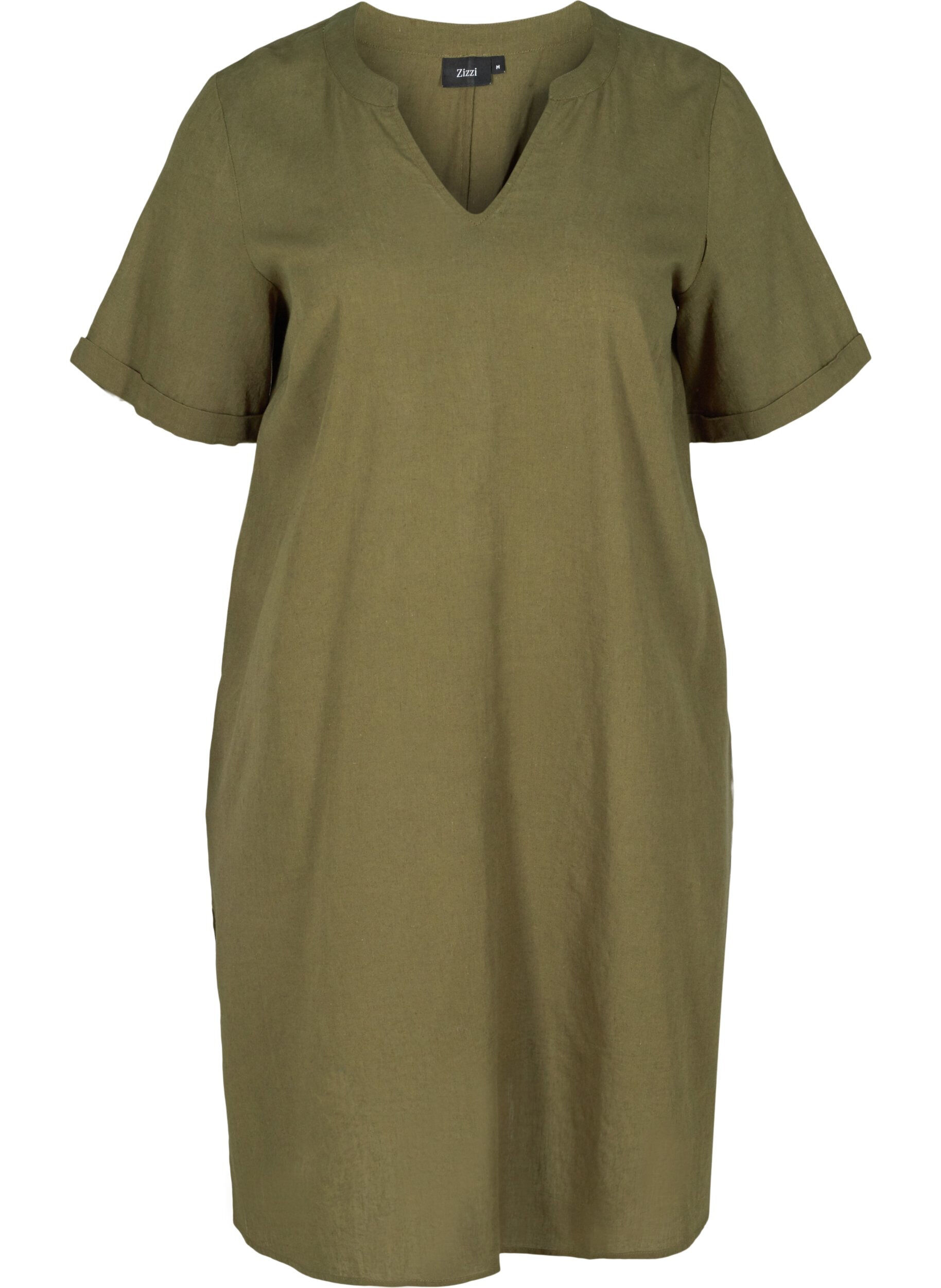 Zizzi Kurzarm Kleid aus Baumwollmischung mit Leinen, Ivy Green, Packshot image number 0