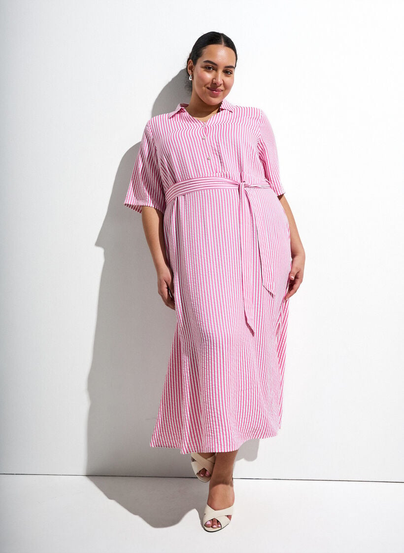 Kn&ouml;chellanges Hemdblusenkleid mit Bindeg&uuml;rtel und Streifen, Pink, Image image number 0